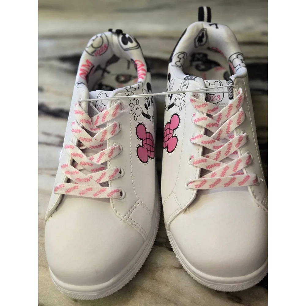 Disney Minnie Mouse Tennis Sneakers White Pink Glitter Girls Size 3 Low Top
